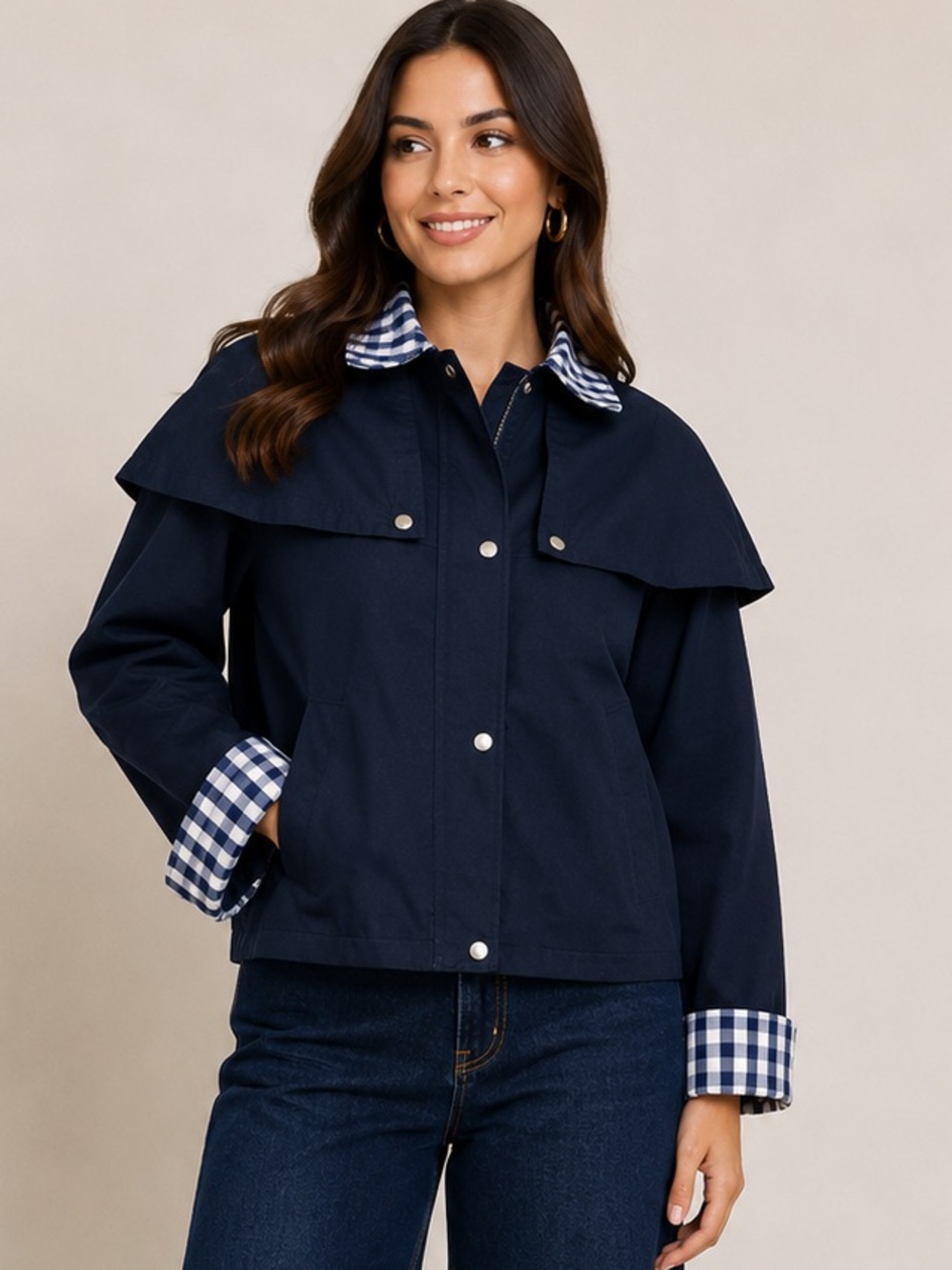 Navy Women's Cape-Detail Button Jacket - Picture 1 of 5